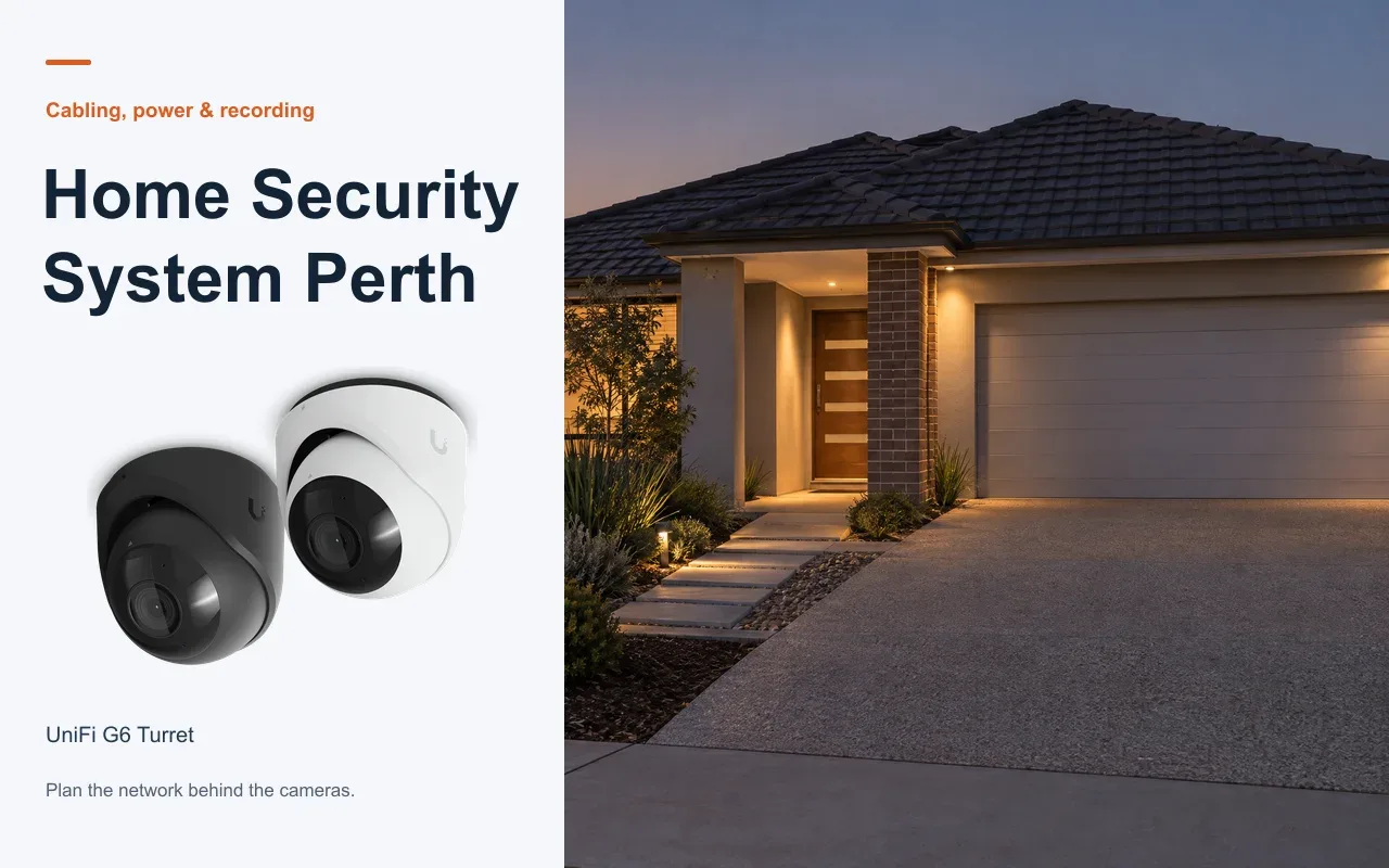 Home Security System Perth guide with G6 Turret product imagery and a concept home approach