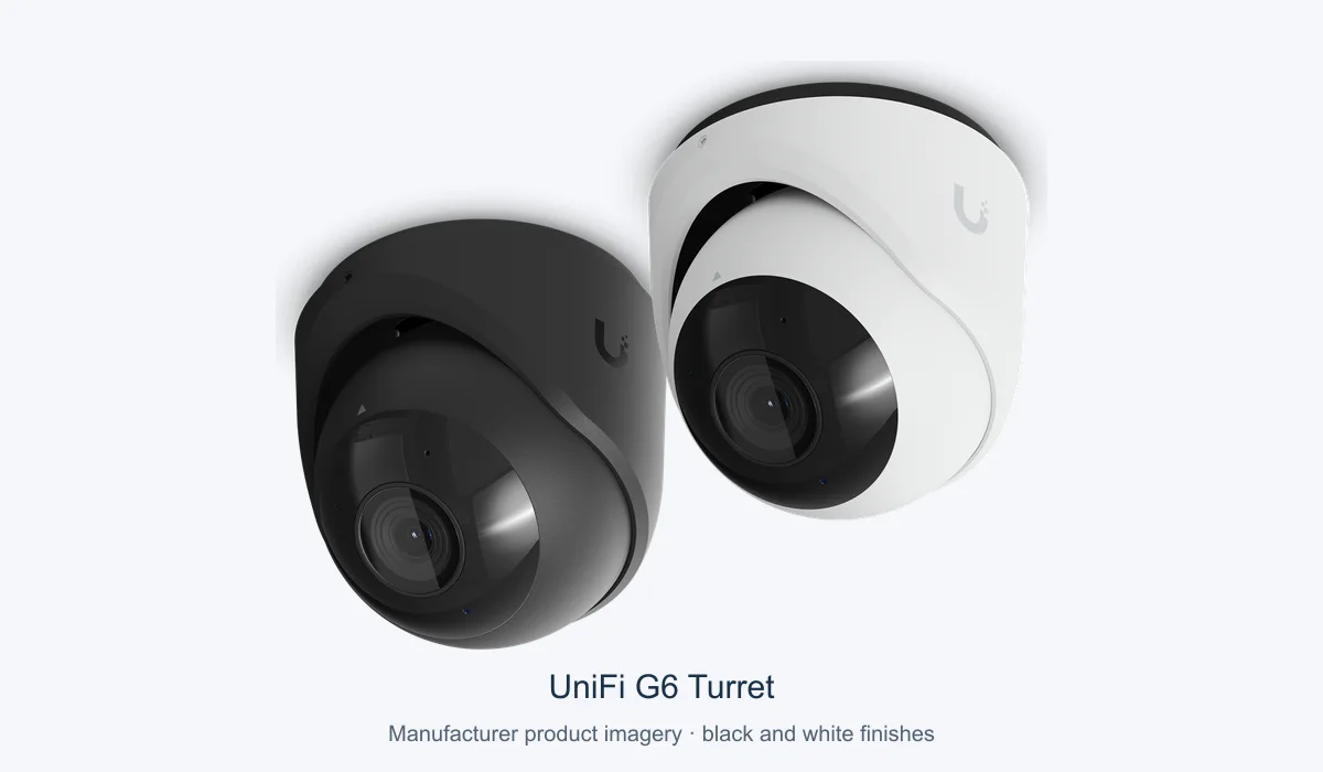 Manufacturer G6 Turret product imagery showing black and white camera finishes
