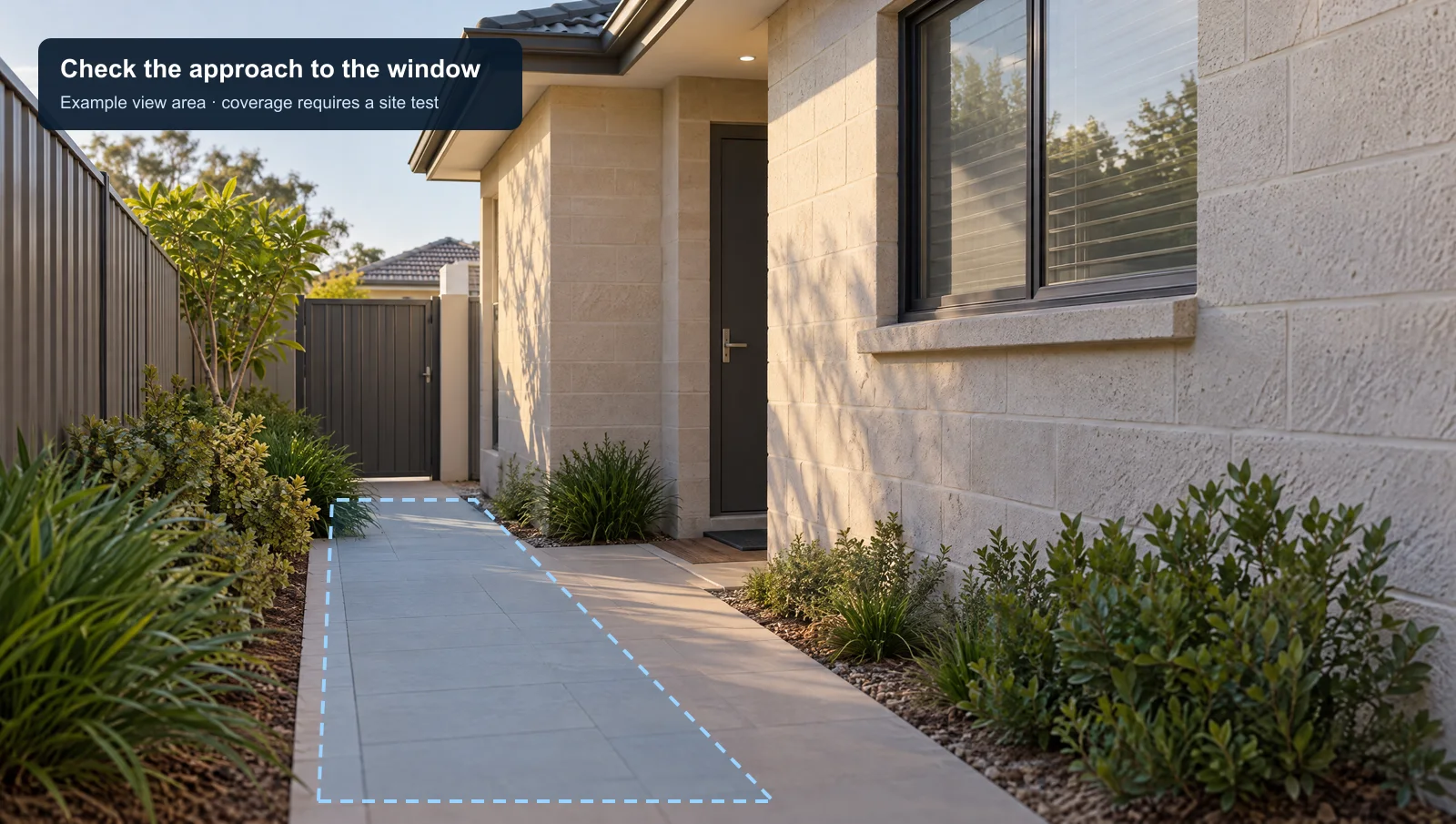 Planning illustration marking an example viewing area along a side path towards a window