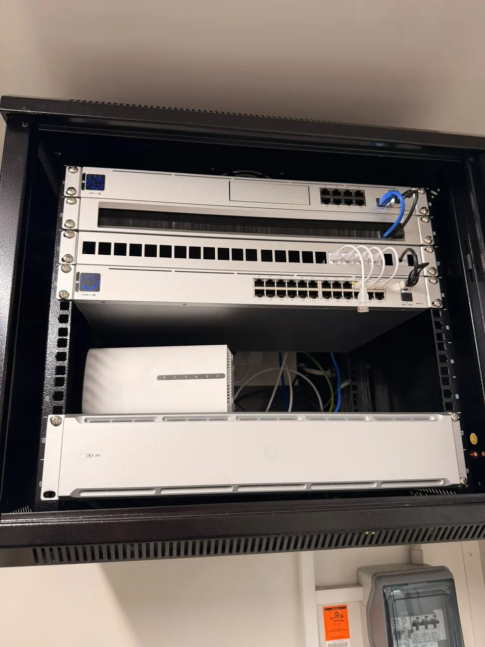 UniFi gateway, switch and power equipment in a network installation