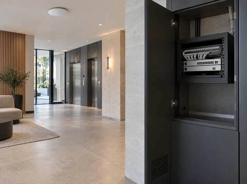 Illustrative lobby with a network cabinet and ceiling Wi-Fi access point