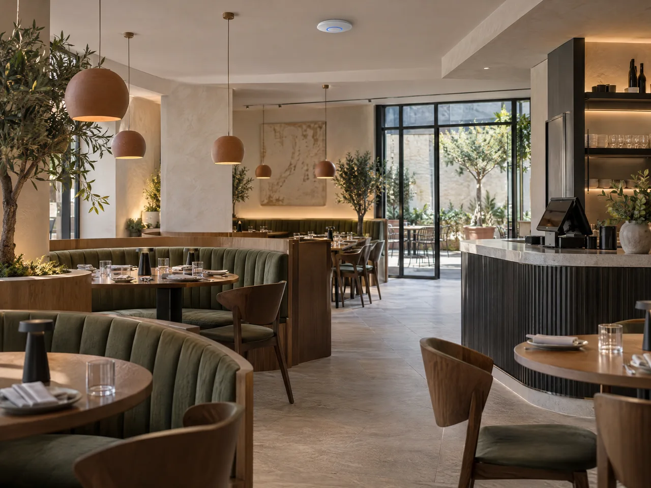 Illustrative restaurant dining room and service counter with discreet UniFi Wi-Fi.