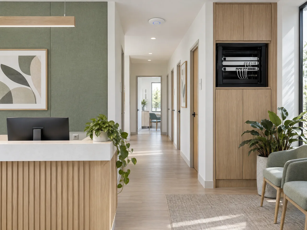 Illustrative medical reception and consulting-room corridor with UniFi networking.