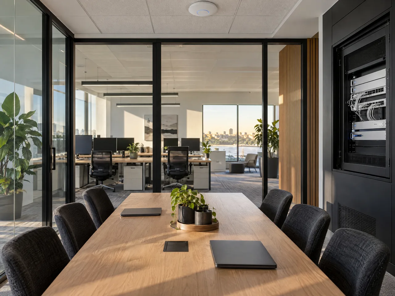 Illustrative office meeting room and workstations with ceiling-mounted UniFi Wi-Fi.