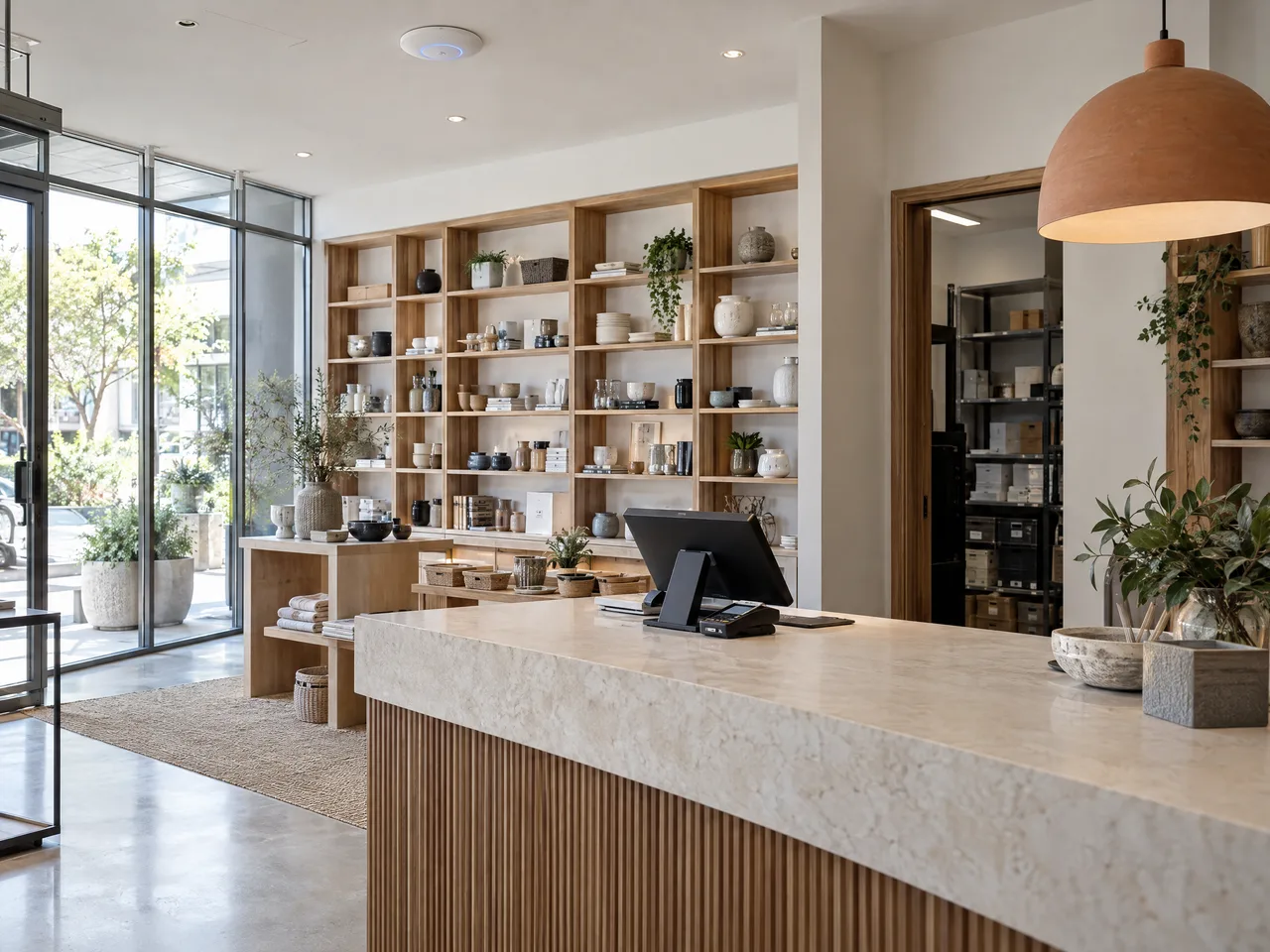 Illustrative retail counter with wired point-of-sale equipment and UniFi wireless coverage.