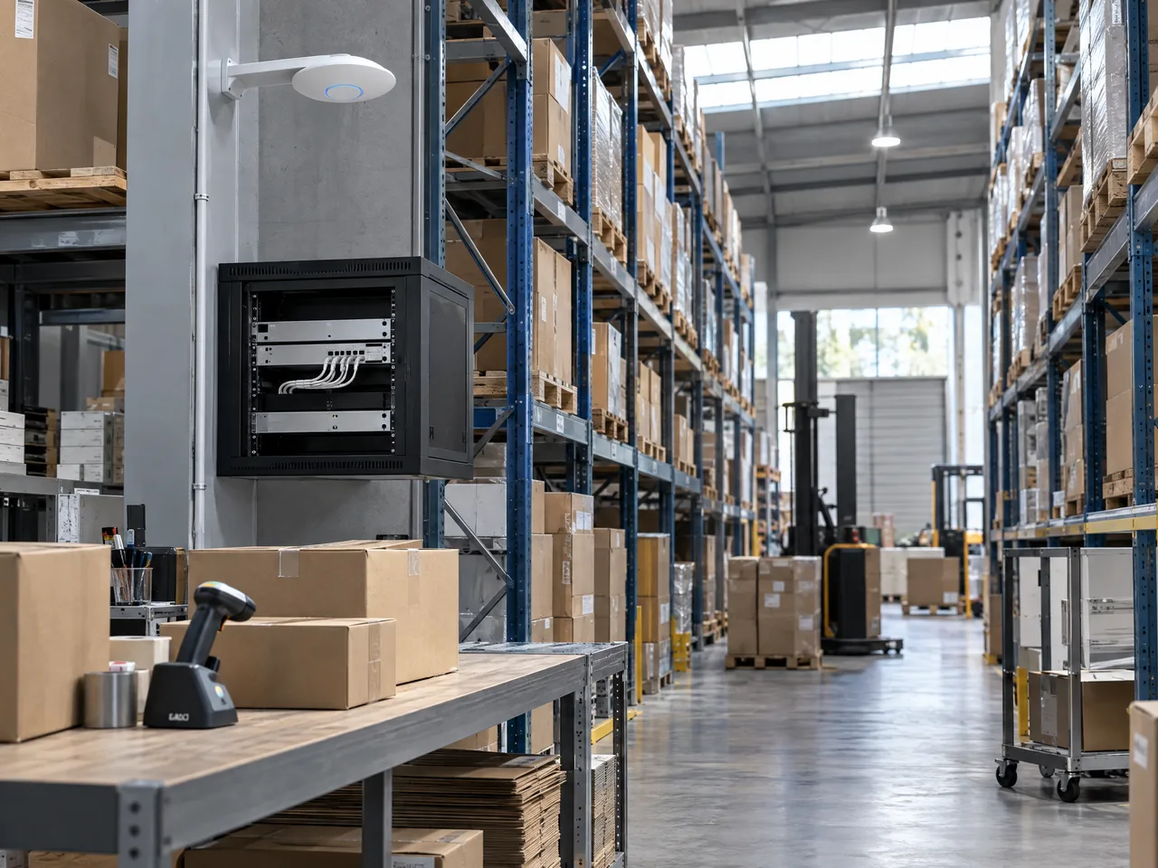 Illustrative warehouse picking area with scanner workstation and UniFi access point.