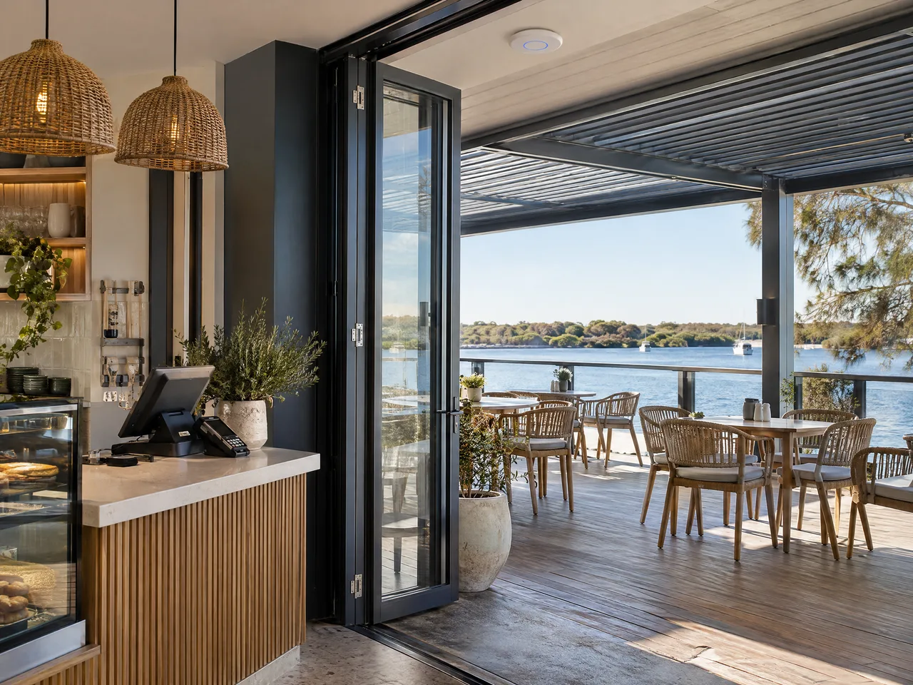 Illustrative Mandurah waterside venue linking indoor and covered outdoor Wi-Fi areas.
