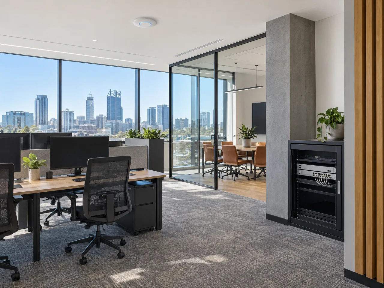 Illustrative Perth commercial office fit-out with UniFi networking and city outlook.