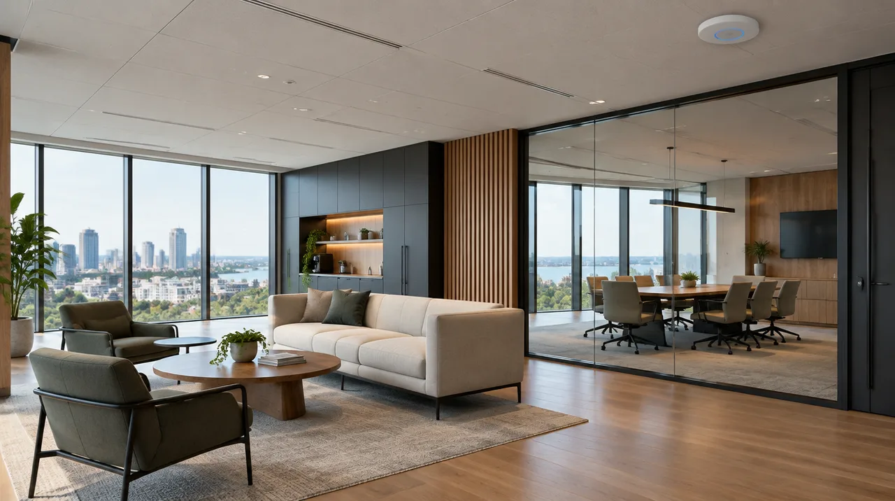 Illustrative office with ceiling-mounted UniFi Wi-Fi
