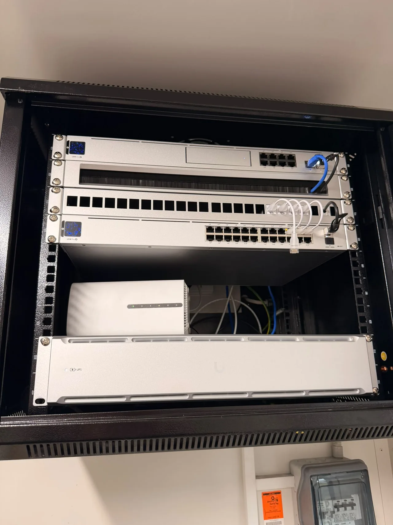 UniFi equipment mounted in a network cabinet in an installation