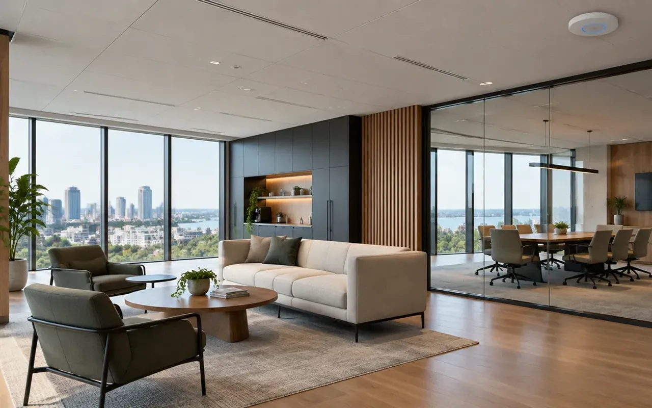 Illustrative office with ceiling-mounted Wi-Fi equipment